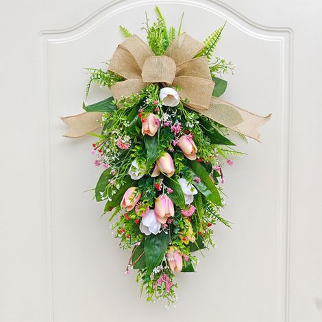 Guirlande - 55 cm - Rotin et Fleurs Artificielles en Polyester - Pour Porte d'Entrée Jardin Intérieur Extérieur - 1 Pièce (1/5)
