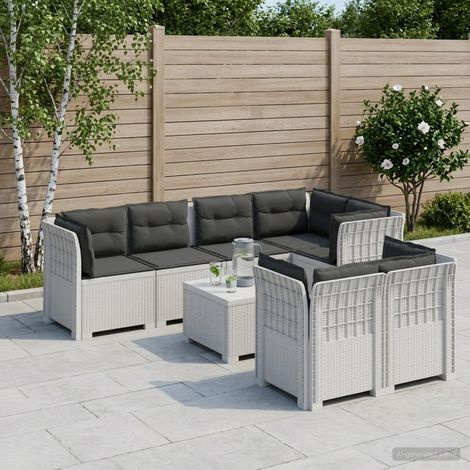 Canapé de Jardin 7 Places Modulaire Aspect Rotin PP Blanc avec Coussins Anthracite - PANGIVO (1/5)