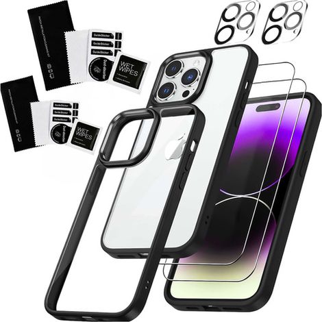 Custodia per iPhone 15 Pro + 2 vetri per lo schermo e 2 lenti rinforzate Alogy 360 Hybrid Set 5 in 1 nero e trasparente (1/4)