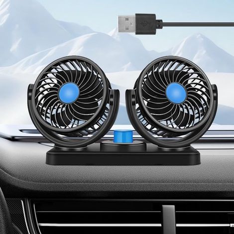 Ventilador para coche，ventilador USB doble，giratorio 360 grados，ventilador doble con 2 niveles de velocidad