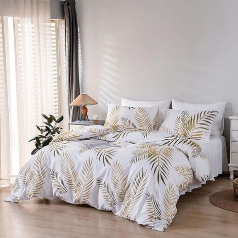 Set Housse de Couette 220x240 cm 2 Personnes et 2 x Taies d'oreiller 50x75 cm 100% Microfibre Parure de Linge de Lit Motif Feuilles Tropicales Dorées Botanique avec Fermeture Éclair, Or Blanc (1/3)