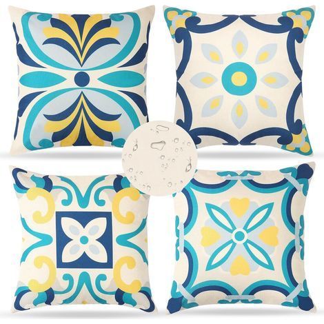 Lot de 4 Coussin Exterieur Impermeable 45 X 45 cm Housse de Coussin Imprimées Florales Bleue Coussins de Jardin Boho Coussins Décoratifs Taie d'oreiller pour Balcon Salon Terrasse Jardin (1/5)