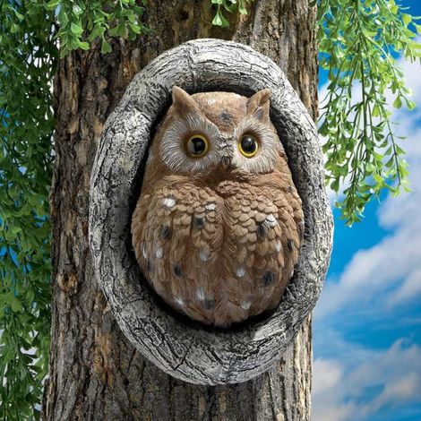 Escultura de búho en el hueco de un árbol, 17,5 x 24 cm, adecuada para esculturas en jardines, patios y entradas.