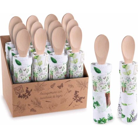 Set cucina con cucchiaio in legno e asciugapiatti in cotone stampa erbe aromatiche in espositore, set da 12 pezzi, Asciugapiatti: cm 38 x 64 H