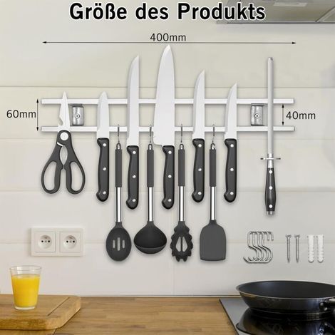 Porte-couteaux magnétique, 40 cm, super magnétique, double porte-couteaux magnétique avec 4 crochets, support magnétique mural en acier inoxydable pour le rangement des couteaux de
