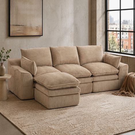 Divano modulare 3 posti in corduroy con pouf, cuscini e tasche laterali, khaki (1/5)