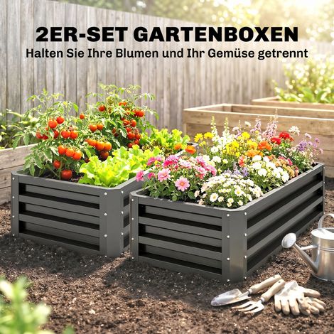 Lot de 2 carrés potagers surélevés en acier, à fond ouvert, pour terrasse ou balcon, 110 x 50 x 30 cm, gris anthracite (1/5)