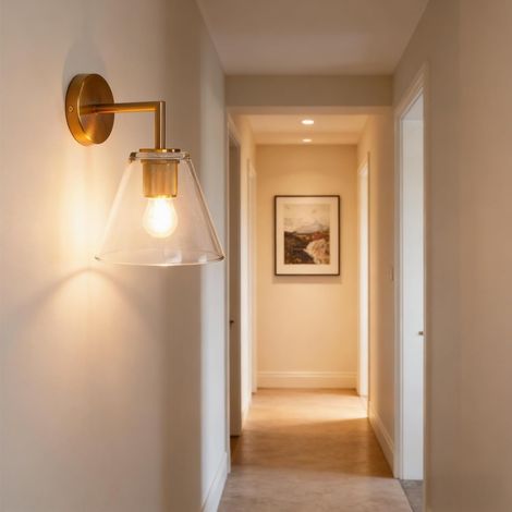 Lampada da parete in vetro entonnoir, E27 finitura dorata industriale applique in vetro trasparente, ampolla non inclusa, per salone, camera, canale e cucina (1/4)