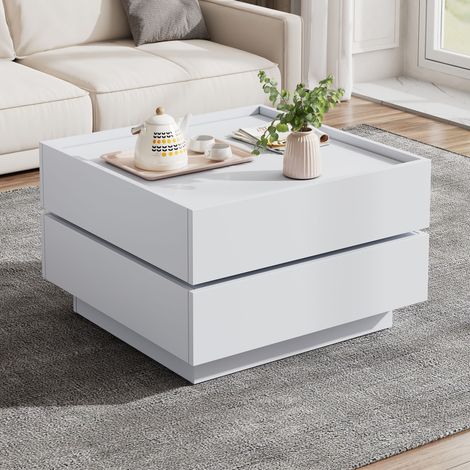 Table basse rotative 360° 60x60 cm avec 2 tiroirs blanc OKMYHOME (1/5)