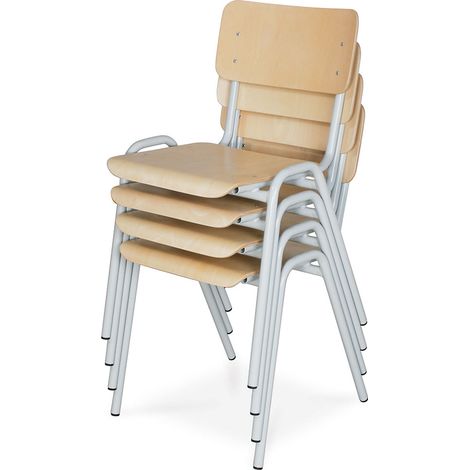 BRB 4-teiliges Stapelstuhl-Set, Gestell lichtgrau, stapelbar, Sitz/Lehne aus Buche-Schichtholz (1/2)