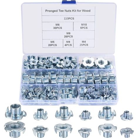 110 Écrous à Griffes, Écrou en T Inserts Acier Fileté M4 M5 M6 M8 M10, Écrous Éntraînement, Embouts Écrous à Quatre Broches pour Travail du Bois Jambe de Meubles Écrous de Butée (1/5)