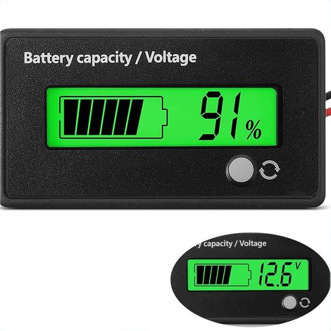 Compteur de Batterie DC avec Alarme, Testeur de Batterie Voiture, Moniteurs de Batterie, Voltmètre, DC 12V 24V 36V 48V 72V Testeur Batterie au Plomb-Acide et au Lithium-Ion (Lumière Verte)