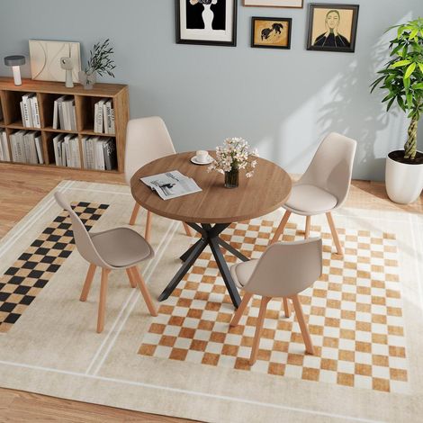 Esstisch-Set mit 4 Stühlen, Rund, Holz, Dunkelbraun + Khaki (1/5)