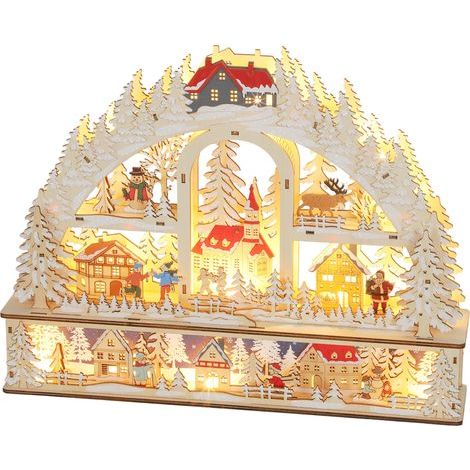 Autre décoration pour Noël Village de Noël lumineux avec 20 LED, village de Noël animé en arc, fonctionne sur piles, 45 x 10 x 35 cm, bois naturel (1/5)