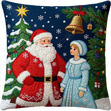Housse De Coussin De Noël - Lin Écru Avec Broderie Santa - 45 X 45 Cm - Pour Canapé Salon Chambre (1/5)
