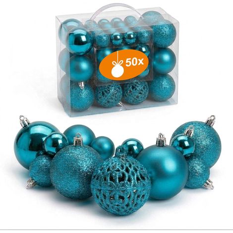 Kunststoff Christbaumkugel Set 50-teilig bruchsicher - türkis - Design Weihnachtskugeln inklusive Metall Haken