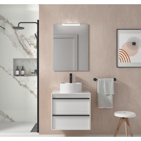 Mobile bagno sospeso 60 cm 2 cassetti in legno bianco satinato con lavabo d'appoggio - Astoria - 60 cm Con Doppia colonna Specchio e Lampada Led - Accessorio: Standard - Misura: 60 cm