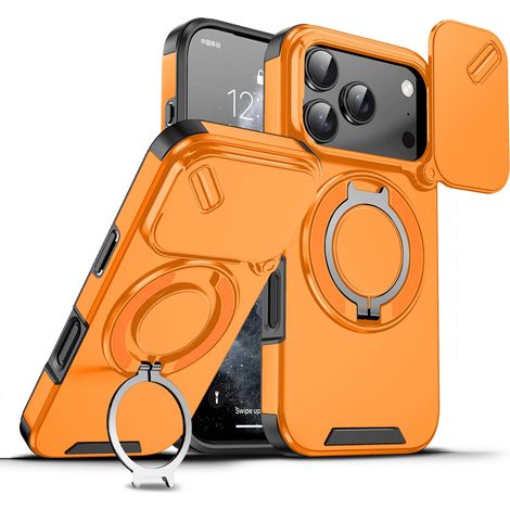 (Orange, iPhone 13 Pro) Coque magnétique résistante avec support anneau à 360° et protection d'objectif coulissante antichoc (1/5)