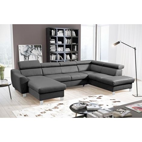 Canapé d'angle convertible en cuir italien de luxe 7/8 places ASTON, gris foncé, angle droit (1/5)
