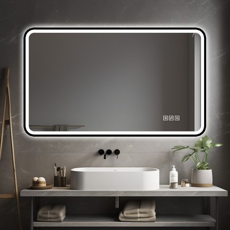 Miroir salle de bain LED 60×100 cm cadre alu noir antibuée 3 teintes lumière variables mémoire IP44 fixation horizontale verticale étanche (1/5)