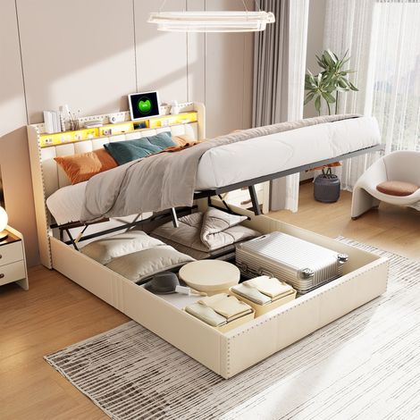 Polsterbett 140x200 cm mit Bettkasten, LED und USB - Doppelbett mit hydraulischem Stauraum - Nieten-Design - Samt - Beige