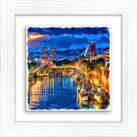 Lupia - Quadro moderno con paesaggi e localismi italiani, Ceramica e Stampa Rilievo, Cornice Legno Shabby Modern bianca, Decorazione Parete, Quadretti Soggiorno, 29x29 cm, PESCARA PANORAMA SERA (1/4)