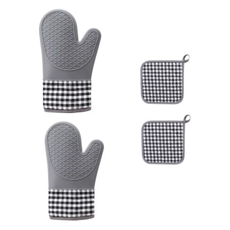 Guanti da forno, guanti da cucina in silicone antiscivolo e resistenti al calore, presine per barbecue, cucina (grigio) (2 guanti + 2 panni a quadretti) (1/5)