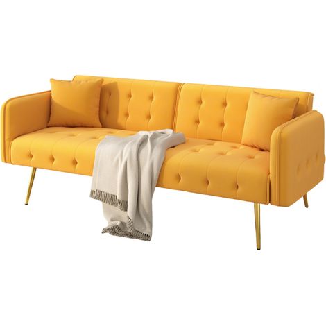 ELVMI Divano Letto 2 Posti con Schienale e Braccioli Regolabili, in Velluto e Schiuma, Giallo 215 × 81,5 cm (1/4)