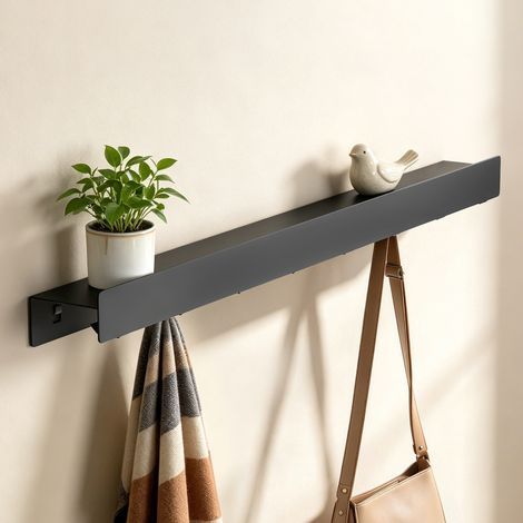 doporro Wandgarderobe mit Ablage, Garderobenleiste 80 cm mit 8 Garderobenhaken Sandschwarz, Hakenleiste aus Metall，Kleiderhaken Wand zum Schrauben oder Kleben, Flurgarderobe für Flur, Bad, Küche, Stal