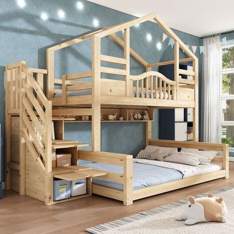 lit superpose cabane 90x200/140x200, sécurité renforcée lit superposé, escalier rangement intégré, bois massif, lit double bas (1/5)