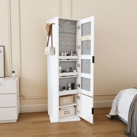 360° drehbarer Schmuckschrank mit Ganzkörperspiegel, 4-in-1 Multifunktionsschrank mit Schmuckorganizer, Aufbewahrung, Regal & Kleiderhaken, platzsparend für Schlafzimmer, White (Mirror Cabinet) (1/5)