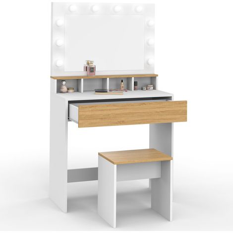 Mueble de tocador ZELIA blanco y haya con espejo LED, 4 huecos, 1 cajón y taburete