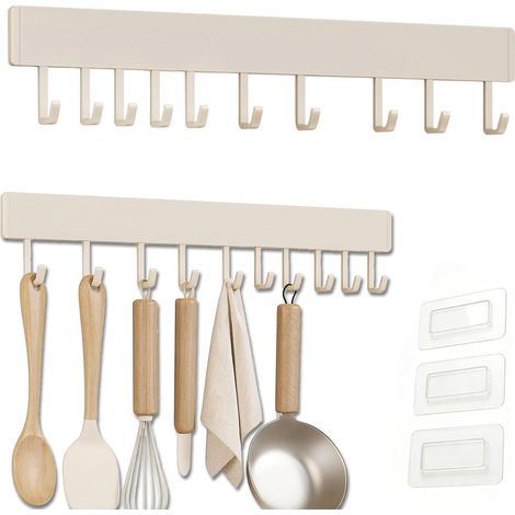 Barre à crochets de cuisine, 50 cm, barre de suspension autocollante, avec 10 crochets mobiles, rampe de cuisine en aluminium, sans perçage, barre de suspension pour cuillère, pelle, ustensiles (1/5)