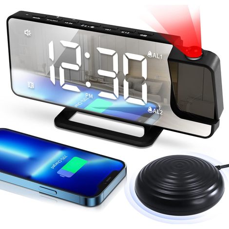 Réveil à projection, réveil vibrant puissant pour gros dormeurs, réveil miroir numérique LED 7,6 pouces avec secoueur de lit pour sourds malentendants, double alarme 12/24 heures, volume 16 niveaux (1/5)