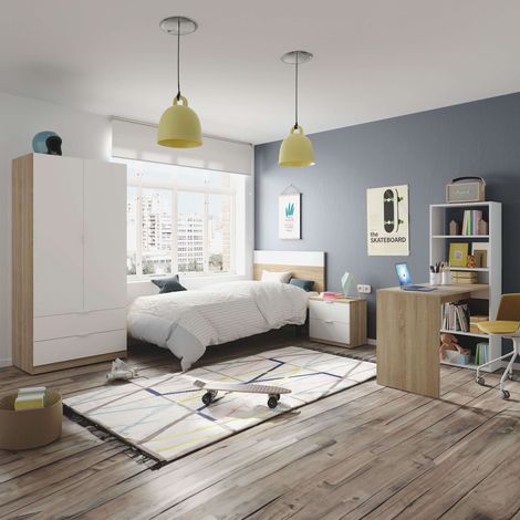 Pack de Muebles de Dormitorio Juvenil Luca en Color Blanco y Roble Canadian formado por Armario, Cabecero, Mesita y Escritorio