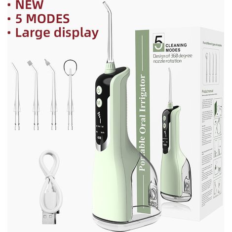 Hydropulseur dentaire sans fil – 4 modes de nettoyage – 4 buses interchangeables – IPX7 étanche – Pression d'eau 30-140 psi – Autonomie 25-50 jours
