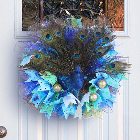 Couronne Plumes Paon - Décoration Porte Extérieure Jardin Intérieur - Pour Mariage Fête Décoration Festive - 47 cm (1/5)
