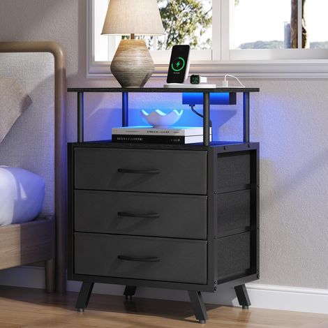 Nachttisch mit LED-Leuchten, Beistelltisch mit Ladestation, Sofatisch mit 3 Stoffschubladen, Nachtschrank aus Holz mit offenem Regal, Beistelltische für SchlafzimmerWohnzimmer, Schwarz