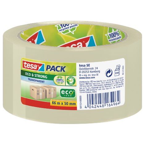 Tesapack Eco&Strong Ecologo - Nastro da Imballaggio Ecologico in Plastica Riciclata al 100%, Resistente ai Raggi Uv e All'Invecchiamento - Trasparente - 66 m x 50 mm (1/4)