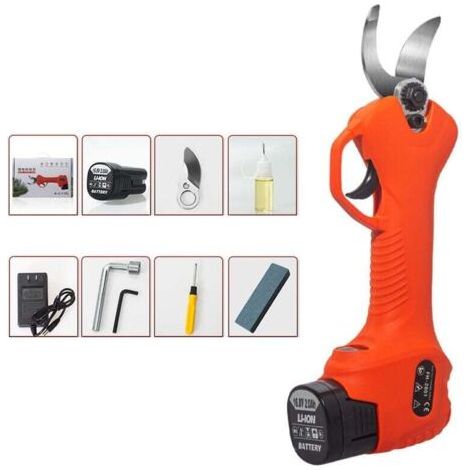Battery Powered Pruning Shears, Electric Pruning Shears, Cordless Electric Pruning Shears with Brushless Motor, 1 Pack, 2 Ah Rechargeable Lithium Battery, Cutting Diameter 25 mm (Orange)