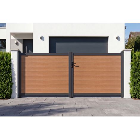 Portail bois composite battant plein 3,5m ATHOS H.160cm teck avec cadre aluminium (1/5)
