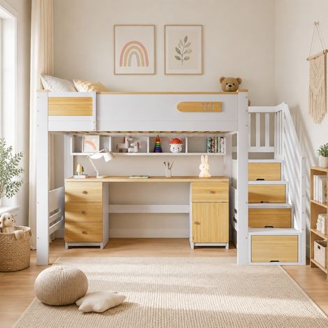 Cama alta 90x200 cm con escritorio, cajones y escalera de almacenaje blanca y natural DESVIAE (1/5)