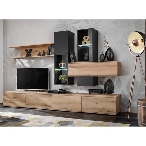 Ensemble TV mural moderne en bois avec vitrines URKA (1/5)