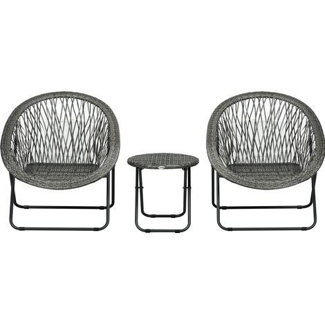 3-teiliges Klapp-Balkonset aus grauem Polyrattan mit rundem Tisch und 2 Stahlstühlen (1/5)