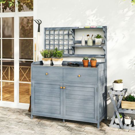 Mesa de jardinería con mueble bajo, armario de jardín de madera para exteriores con encimera galvanizada, 2 cajones, 104x44x140 cm, gris claro (1/5)