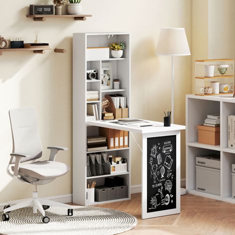 Wandmontierter Klapptisch mit Stauraum, Bücherregal, Arbeitsplatz, Tafel und verstellbarem Regal.
