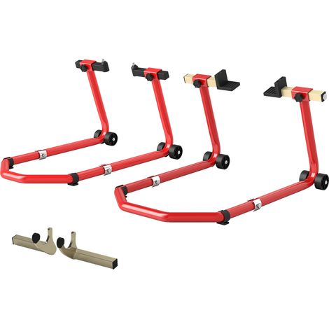 Béquille moto 390 kg support avant arrière réglable fourches U+L clips serrage rouge 43x36x64cm