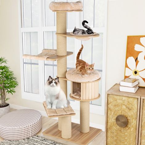 Arbre à Chat en Bois 191CM avec Hamac Panier Perchoir et Niche Tour à Chat avec Coussin Amovible et Poteaux à Gratter Beige (1/2)