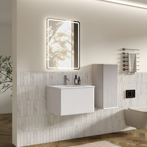 Ensemble meuble salle de bain miroir LED, meuble bas suspendu 60 cm vasque, miroir carré, colonne latérale, coloris blanc (1/5)