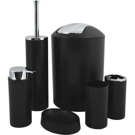 Lot 6 accessoires salle de bain PP : poubelle, brosse WC, savon, brosse à dents, gobelet, porte-savon – noir